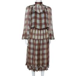 D&G Grey Plaid Print Silk Ruffled Midi Dress M
