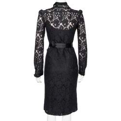 Pre Owned D&G Black Lace And Satin Trim Button Down Belted Midi Dress S