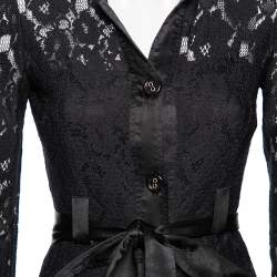 Pre Owned D&G Black Lace And Satin Trim Button Down Belted Midi Dress S