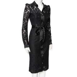 Pre Owned D&G Black Lace And Satin Trim Button Down Belted Midi Dress S