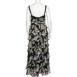 D&G Black Floral Print Silk Crepe Tiered Maxi Dress L