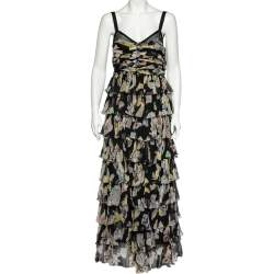 D&G Black Floral Print Silk Crepe Tiered Maxi Dress L