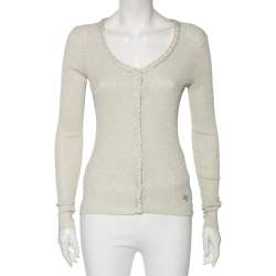 D&G Silver Lurex Knit Braided Trim Button Front Cardigan M