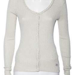 D&G Silver Lurex Knit Braided Trim Button Front Cardigan M