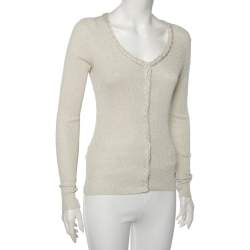 D&G Silver Lurex Knit Braided Trim Button Front Cardigan M