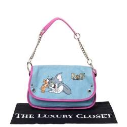 Pre Owned D&G Light Blue/Pink Tom and Jerry Print Canvas and Leather Flap Chain Shoulder Bag