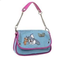 Pre Owned D&G Light Blue/Pink Tom and Jerry Print Canvas and Leather Flap Chain Shoulder Bag