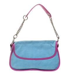 Pre Owned D&G Light Blue/Pink Tom and Jerry Print Canvas and Leather Flap Chain Shoulder Bag