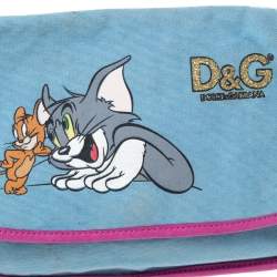 Pre Owned D&G Light Blue/Pink Tom and Jerry Print Canvas and Leather Flap Chain Shoulder Bag
