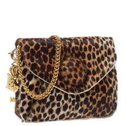 Pre Owned D&G Brown Leopard Print Calfhair Flap DG Charm Chain Shoulder Bag