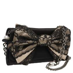 Pre Owned D&G Black/Beige Satin and Lace Bow Maika Chain Clutch