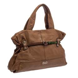 Pre Owned D&G Brown Leather With Green Patent Strap Bag Isotta Tote 