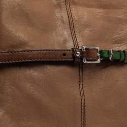 Pre Owned D&G Brown Leather With Green Patent Strap Bag Isotta Tote 