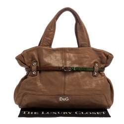 Pre Owned D&G Brown Leather With Green Patent Strap Bag Isotta Tote 