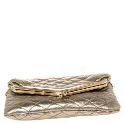 D&G Metallic Gold Quilted Leather Kisslock Foldover Chain Clutch