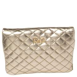 D&G Metallic Gold Quilted Leather Kisslock Foldover Chain Clutch