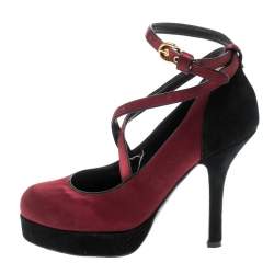 D&G Burgundy/Black Satin and Suede Criss Cross Ankle Strap Platform Pumps Size 36
