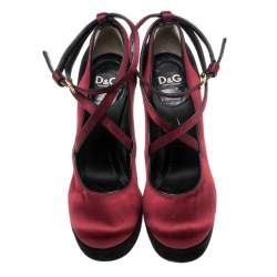 D&G Burgundy/Black Satin and Suede Criss Cross Ankle Strap Platform Pumps Size 36