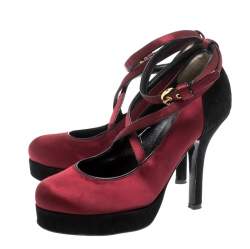 D&G Burgundy/Black Satin and Suede Criss Cross Ankle Strap Platform Pumps Size 36