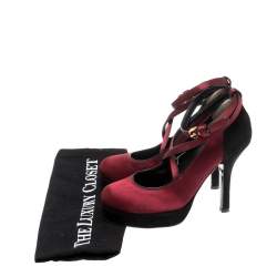 D&G Burgundy/Black Satin and Suede Criss Cross Ankle Strap Platform Pumps Size 36