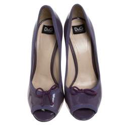 Pre Owned D&G Purple Patent Leather Bow Peep Toe Pumps Size 37