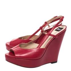 Pre Owned Dolce & Gabbana Pink Leather Peep Toe Wedge Slingback Sandals Size 36.5