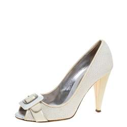 D&G White/Cream Woven Fabric And Patent Leather Buckle Peep Toe Pumps Size 38