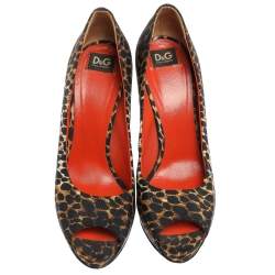 Dolce & Gabbana Black Leopard Printed Fabric Platform Peep Toe Pumps Size 38