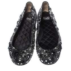 Pre Owned Dolce & Gabbana Black Satin Crystal Embellished Ballet Flats Size 36.5