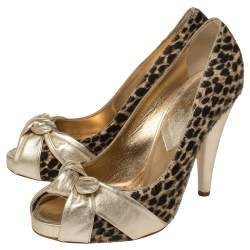 Dolce & Gabbana Gold Leather and Pony Hair Knotted Peep Toe Pumps Size 40