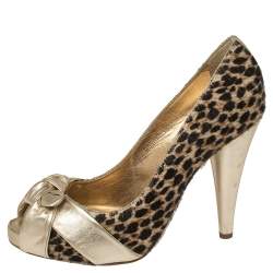 Dolce & Gabbana Gold Leather and Pony Hair Knotted Peep Toe Pumps Size 40