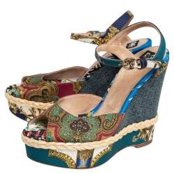 Pre Owned Dolce & Gabbana Multicolor Printed Fabric Wedge Sandals Size 39