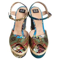 Pre Owned Dolce & Gabbana Multicolor Printed Fabric Wedge Sandals Size 39