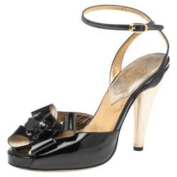  Dolce & Gabbana  Black Patent Leather Bow Ankle Strap Sandals Size 37