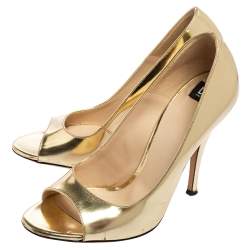 Pre Owned D&G Gold Leather Open Toe Pumps Size 38