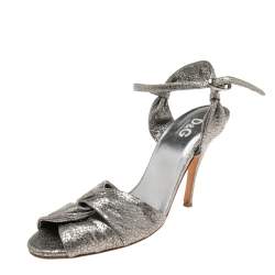 Pre Owned D&G Metallic Grey Laminated Leather Ankle-Strap Sandals Size 39.5