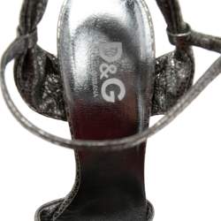 Pre Owned D&G Metallic Grey Laminated Leather Ankle-Strap Sandals Size 39.5