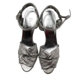Pre Owned D&G Metallic Grey Laminated Leather Ankle-Strap Sandals Size 39.5