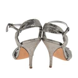 Pre Owned D&G Metallic Grey Laminated Leather Ankle-Strap Sandals Size 39.5