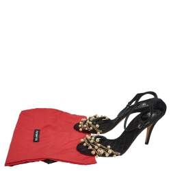 D&G Black Satin Embellished Ankle Strap Sandals Size 39