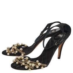 D&G Black Satin Embellished Ankle Strap Sandals Size 39