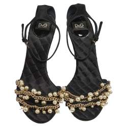 D&G Black Satin Embellished Ankle Strap Sandals Size 39