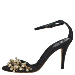 D&G Black Satin Embellished Ankle Strap Sandals Size 39