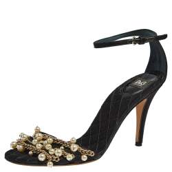 D&G Black Satin Embellished Ankle Strap Sandals Size 39