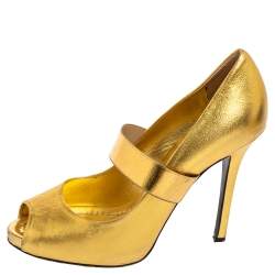 D&G Metallic Gold Leather Elastic Strap Peep-Toe Pumps Size 39