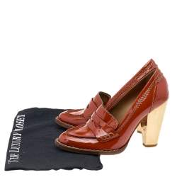 D&G Tan Patent Leather Penny Block Heel Loafer Pumps Size 36