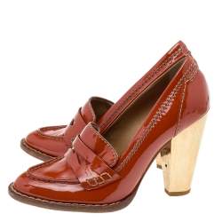 D&G Tan Patent Leather Penny Block Heel Loafer Pumps Size 36