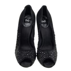D&G Black Suede Crystal Embellished Peep Toe Pumps Size 40