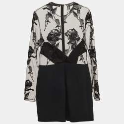 David Koma Black Rose Embroidered Tulle and Crepe Mini Dress L