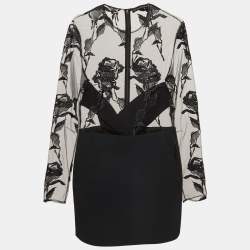 David Koma Black Rose Embroidered Tulle and Crepe Mini Dress L